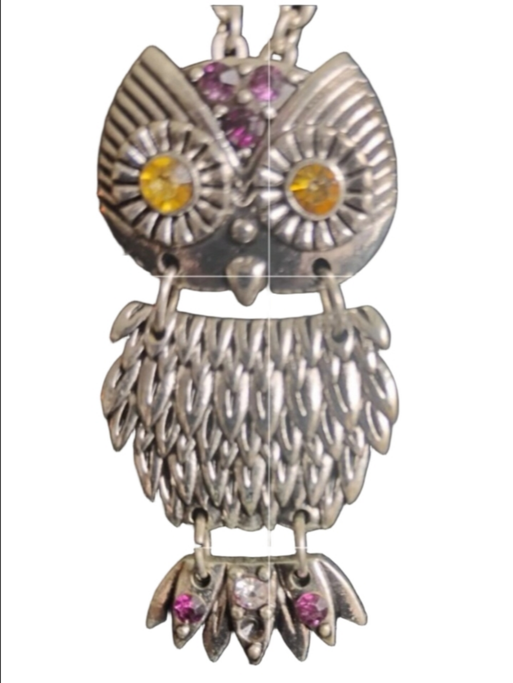 Silver Owl Pendant Necklace with Yellow and Pink Stones